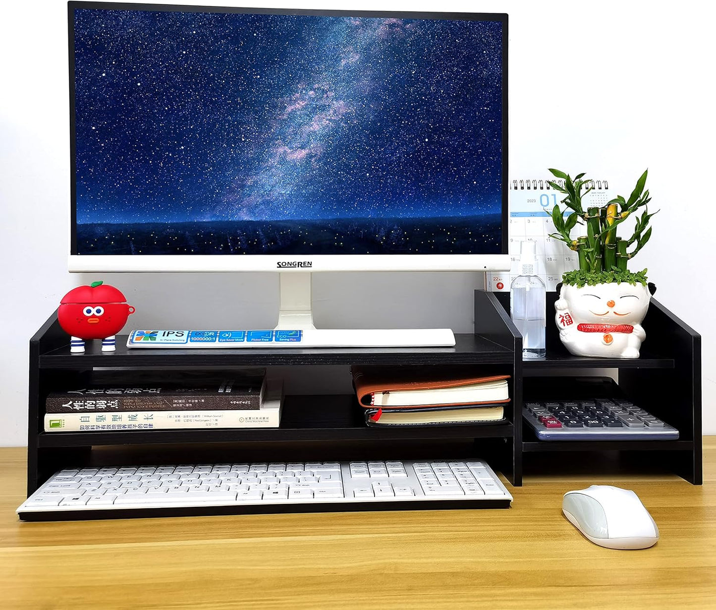 Computer Monitor Riser, 2 Tier Wooden Stand With Two Layer Storage Rack, Black Desktop Organizer for PC/Laptop, Home & Office