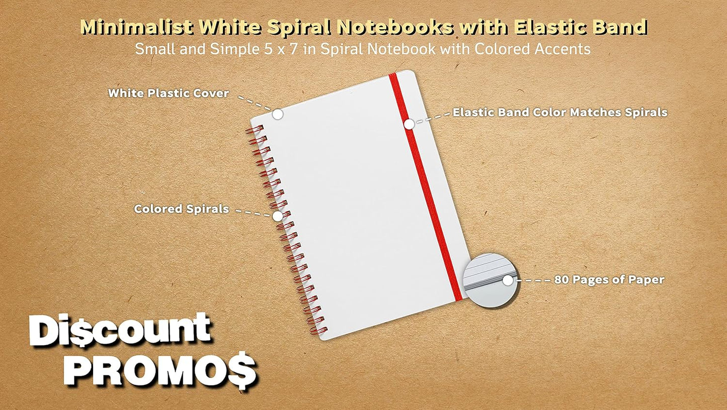 10 White Spiral Notebooks with Elastic Band Pack - 80 lined pages, Recycled - Red