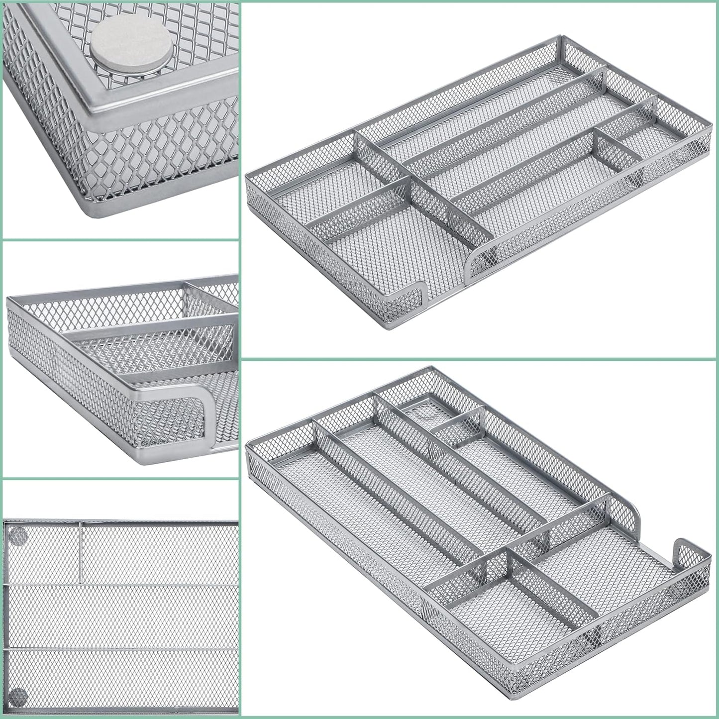 Annova Desk Drawer Organizer Tray for Office Organization - Metal Mesh - Storage Tray with Dividers for Pens, Desktop Accessories, Bathroom, Kitchen, Makeup and Office Supplies (Small, Silver)