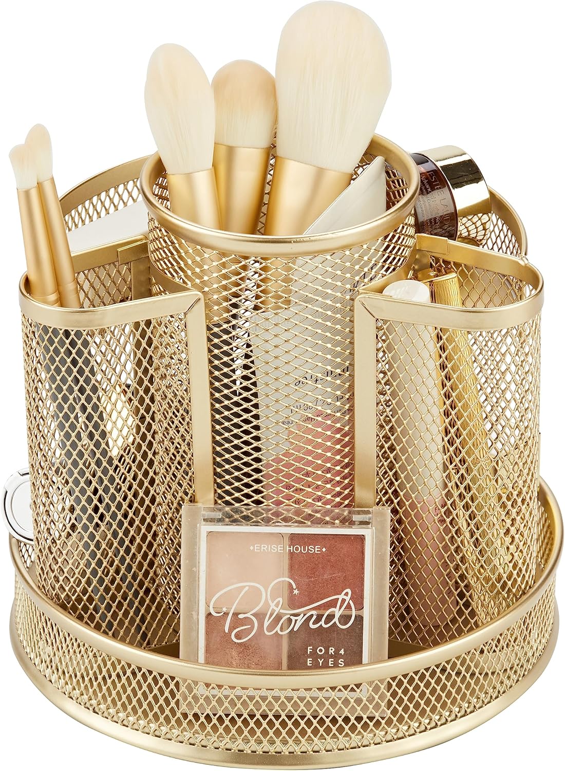 Annova Mesh Desk Organizer Rotate with 5 Compartments Round Spinning Tidy Candy/Pen Holder Desk Accessories Office, Art Supply, Storage, Classroom, Home (Gold)