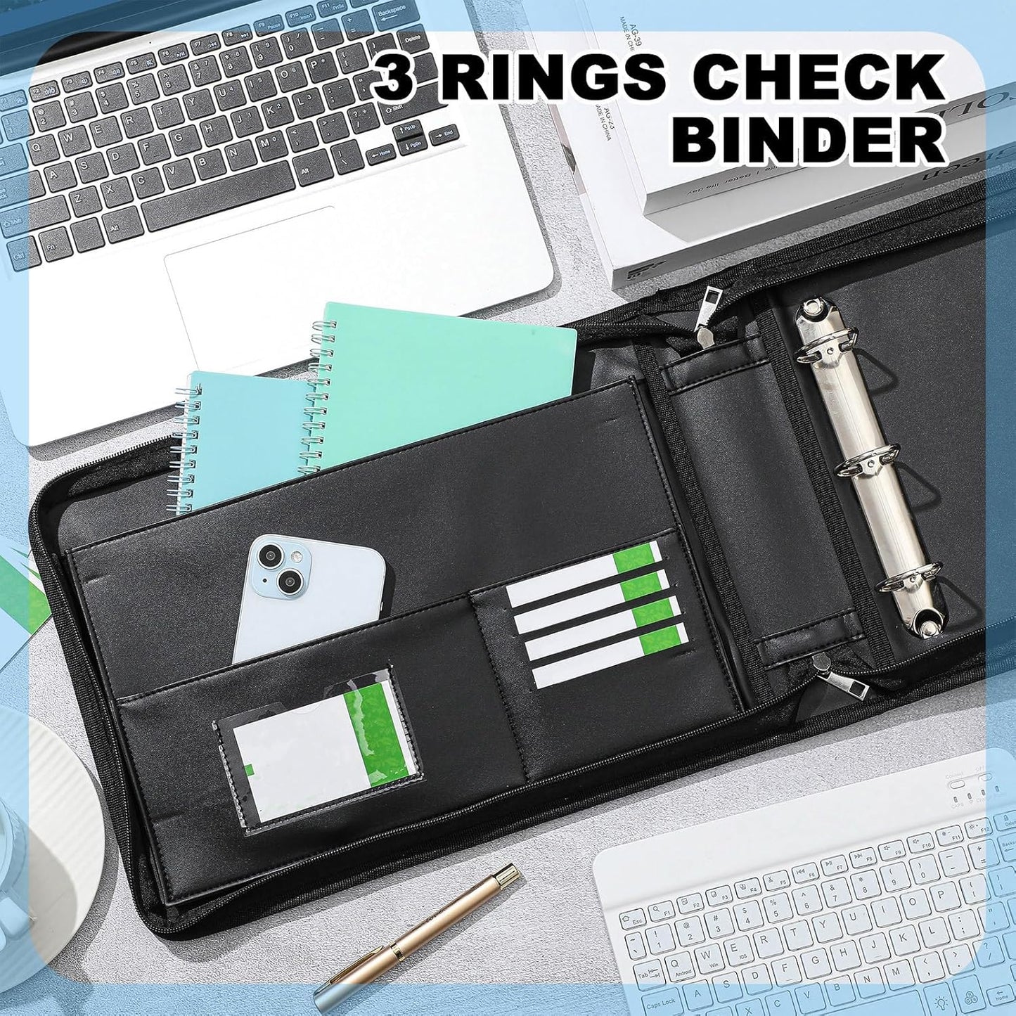 Henoyso 3 Rings Fireproof Business Check Binder with Zipper 1.5 Inch D Rings 3 on a Page Fit 3 & 9 Holes Check 600 Sheets Capacity Organizer Binder for Office Storage End Stub Deskbook(Black)