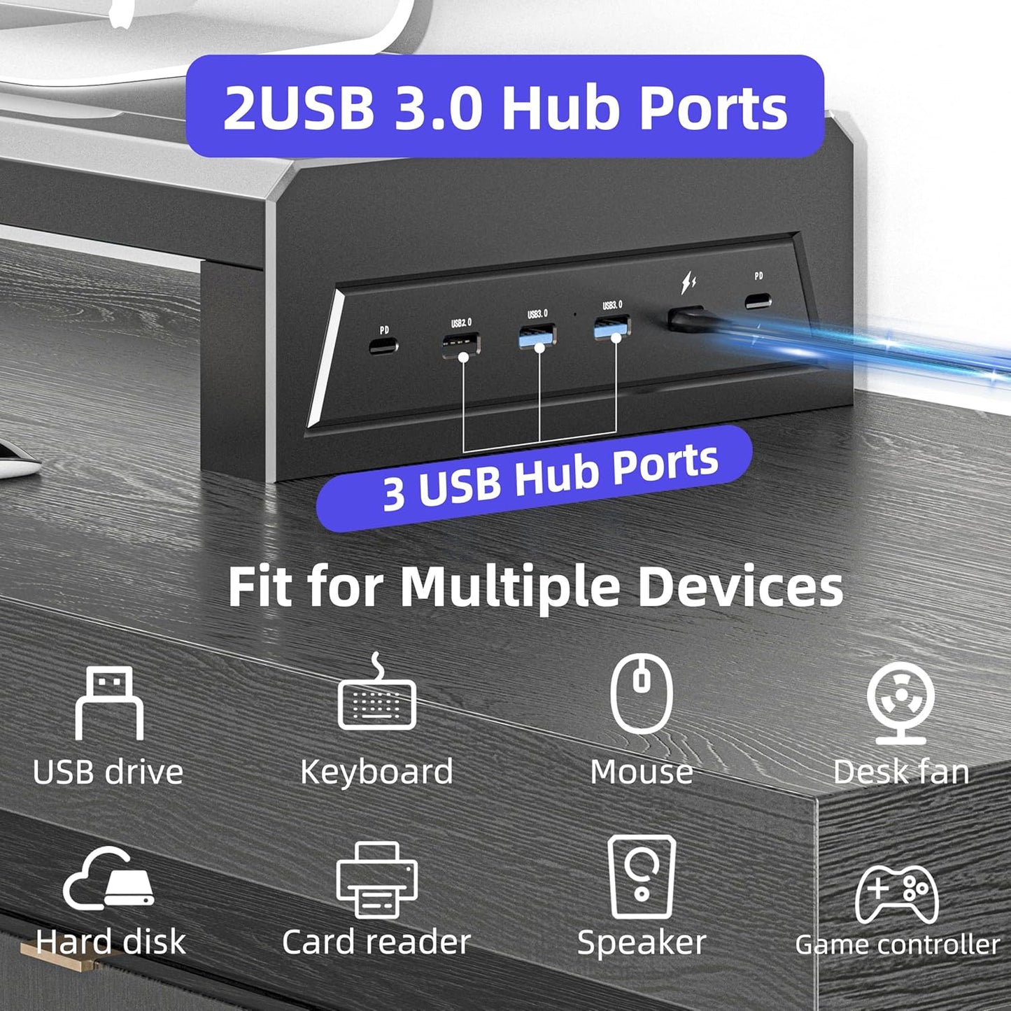 2-Tier Metal Computer Monitor Stand & Laptop Desk Shelf, 21.6 Inches, 22W Charging, 2 USB 3.0, 1 USB 2.0, Heavy Duty, Black, Metal