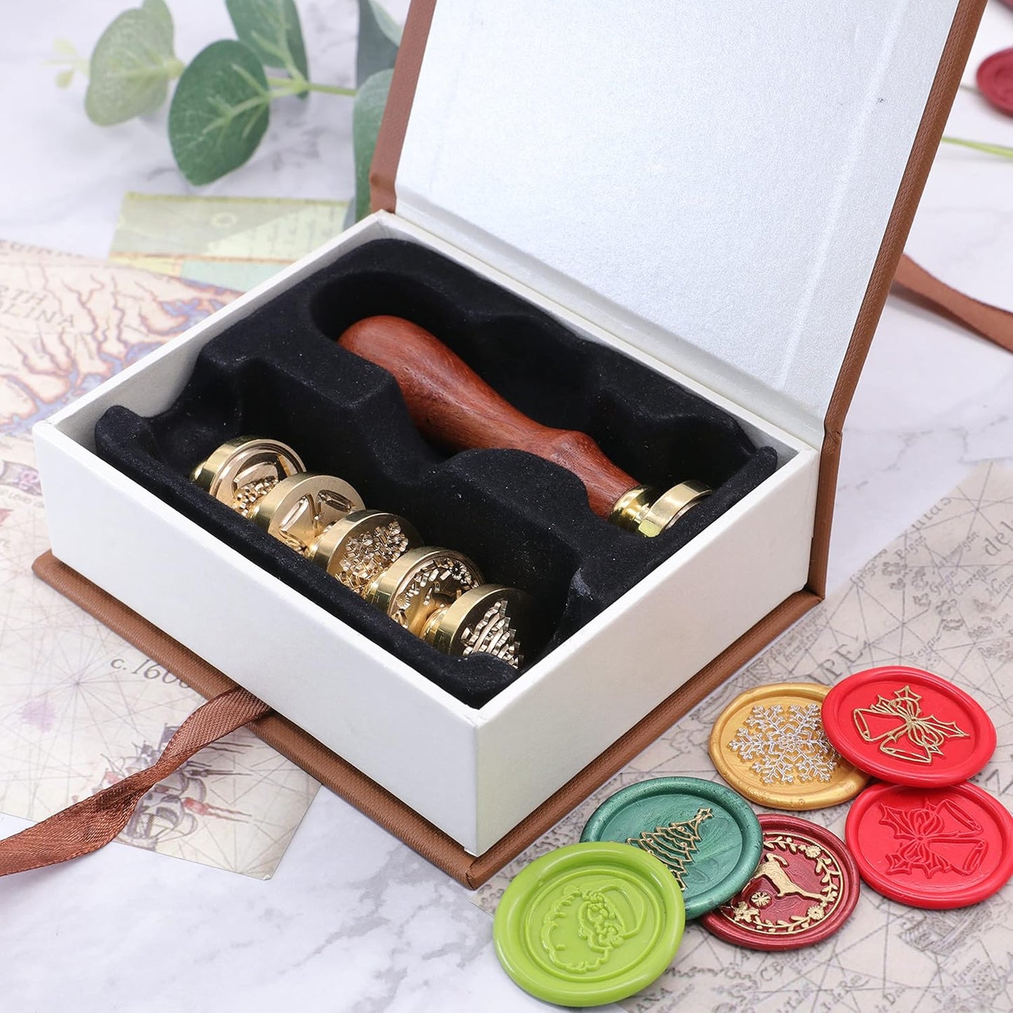 SWANGSA Wax Seal Stamp Set, Vintage 6 Pieces Christmas Sealing Wax Stamp Heads with 1 Wooden Handle for Christmas Gifts Party Invitations Cards (Christmas Set)
