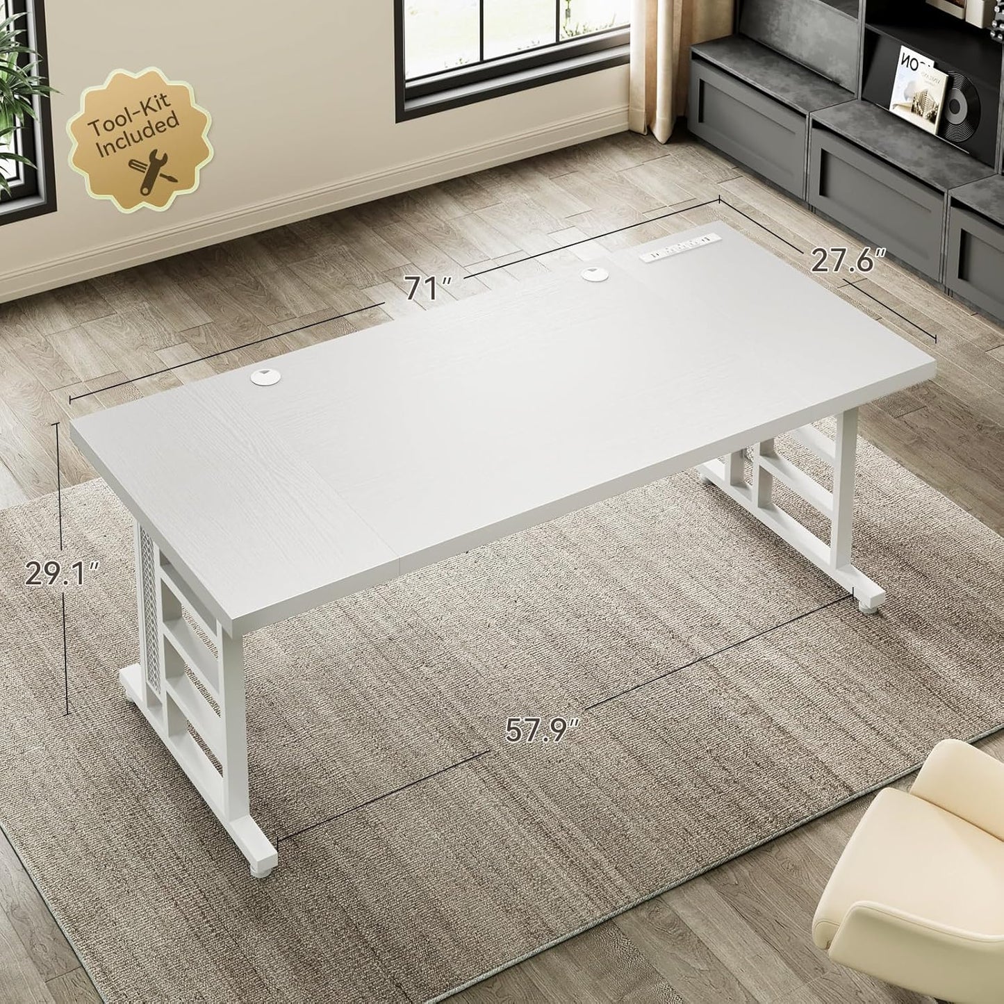 Coleshome 71 Inch Executive Desk with USB Ports, Large Computer Desk with Extra Thick, Long Mordern Office Workstation, Business Furniture for Home Office, White