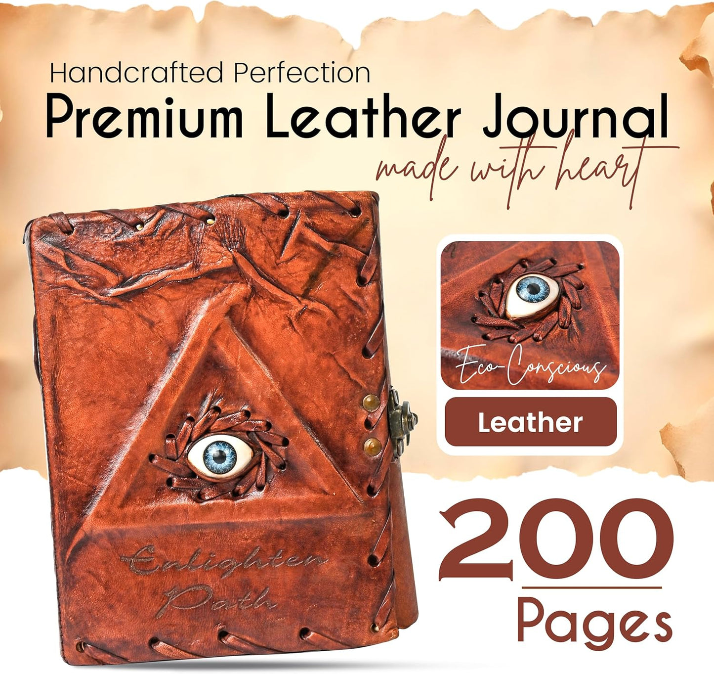 Hocus Pocus Book of Spells – Third Eye Leather Bound Journal with Vintage Clasp Lock – 200 Page Antique Deckle Edge Paper Grimoire Vintage Journal Witchcraft Gift for Men & Women