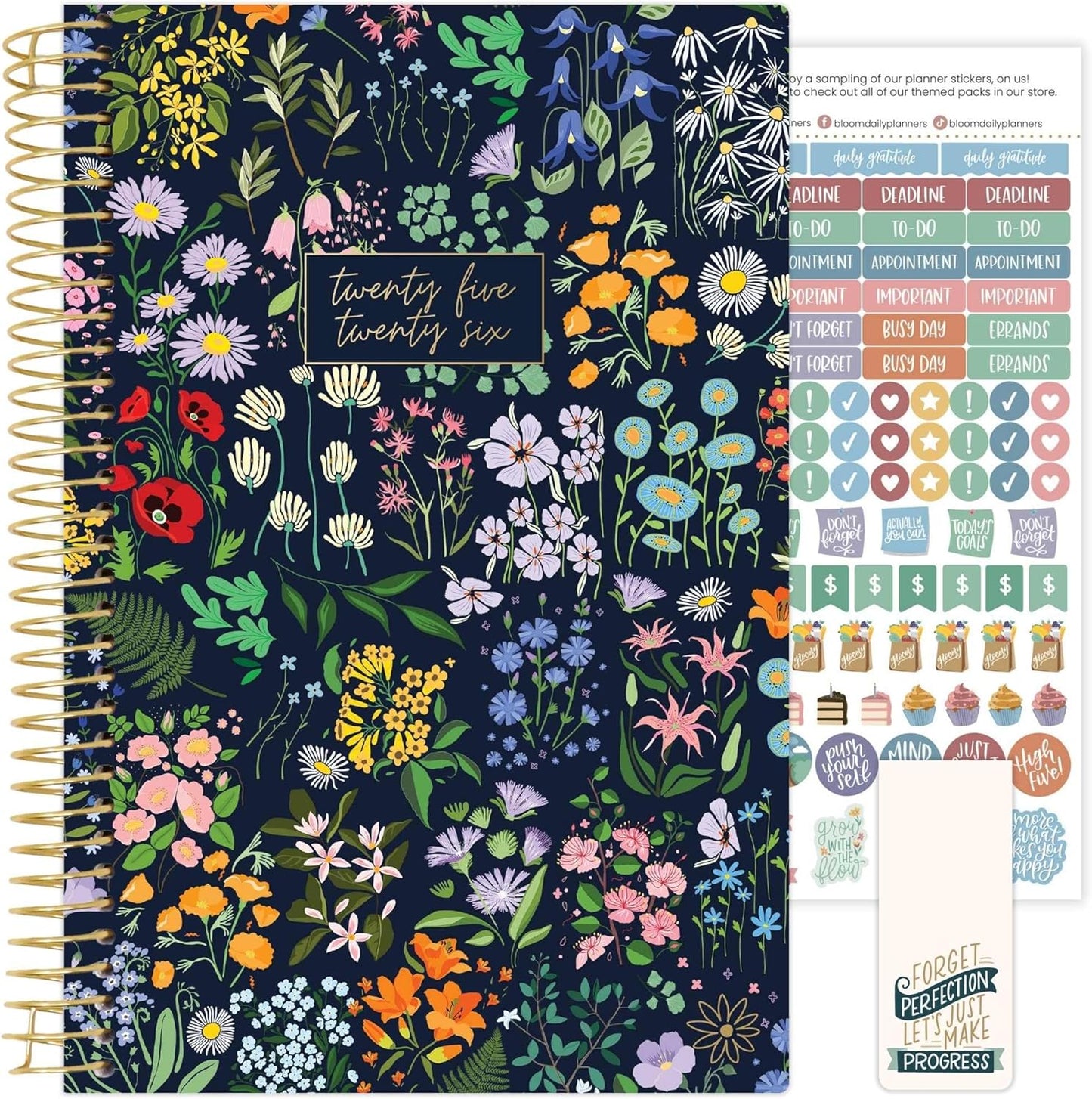 bloom daily planners 2025-2026 Academic Year Daily Planner (July 2025 - July 2026) - A5 Weekly & Monthly Calendar Agenda Organizer Book with Stickers - 5.5" x 8.25" - Garden Party, Navy
