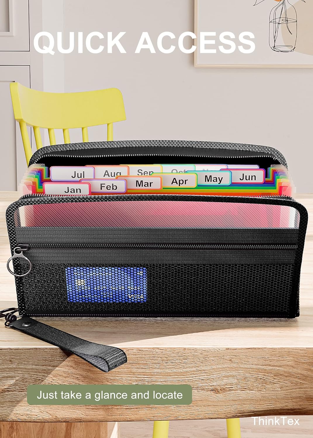 ThinkTex Receipt Coupon Organizer, 12 Pockets Small Accordion File Organizer, Junior Size 11x 6.6 Inches, Zipper Closure, Multi-Color Tabs