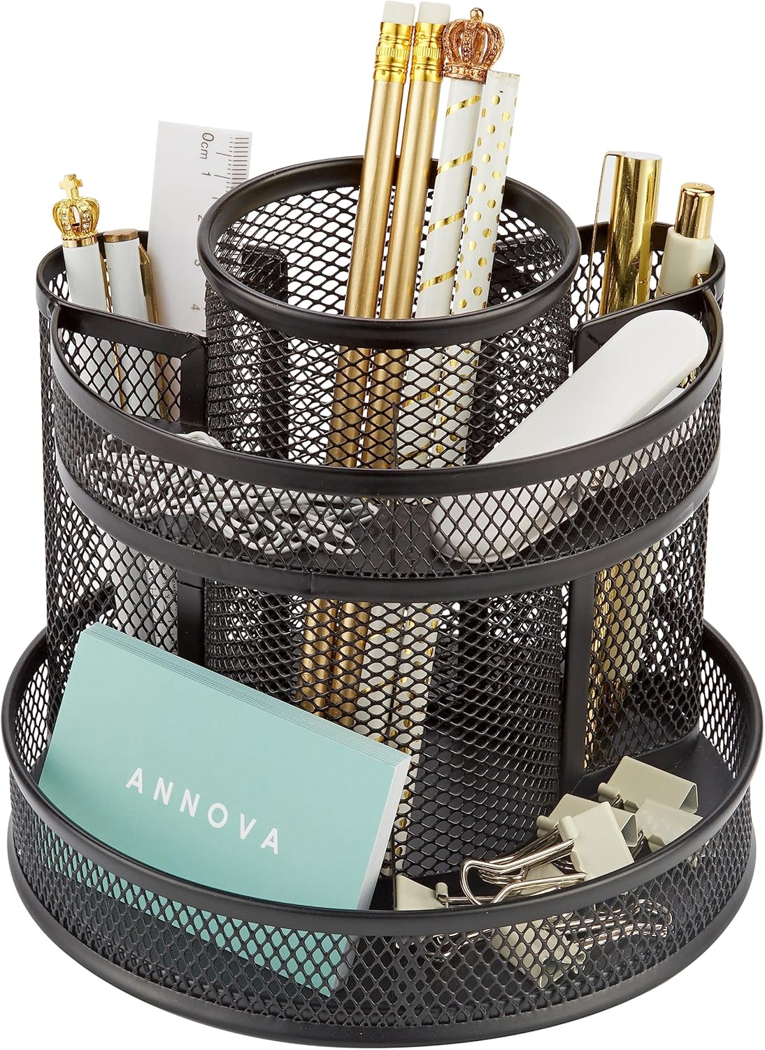Annova Mesh Desk Organizer Rotate with 5 Compartments Round Spinning Tidy Candy/Pen Holder Desk Accessories Office, Art Supply, Storage, Classroom, Home (Black)