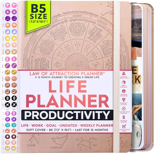 Law of Attraction Planner – Undated Hourly, Weekly & Monthly Goal Setting Planner, 12-Month to Increase Productivity | Life & Gratitude Journal, Include Foldable Vision Board, Gift Box & Stickers