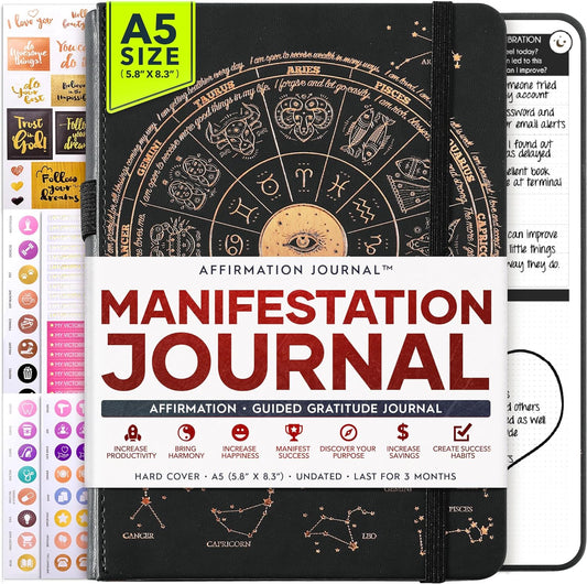 Manifestation Journal - 5 Minute Manifesting & Self Care Journal | 90-Day Undated Daily Planner for Positivity, Affirmations & Gratitude | Guided Mindfulness, Reflection | Vision Board + Stickers