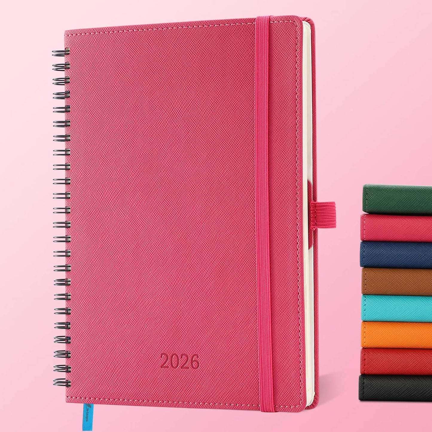Planner 2026 Daily Weekly and Monthly,8.5"x6.5",12 Months Spiral Bound Calendar Agenda with Self-adhesive Pen Holder,2026 Appointment Book with Vegan Leather Soft Cover,Rose Red