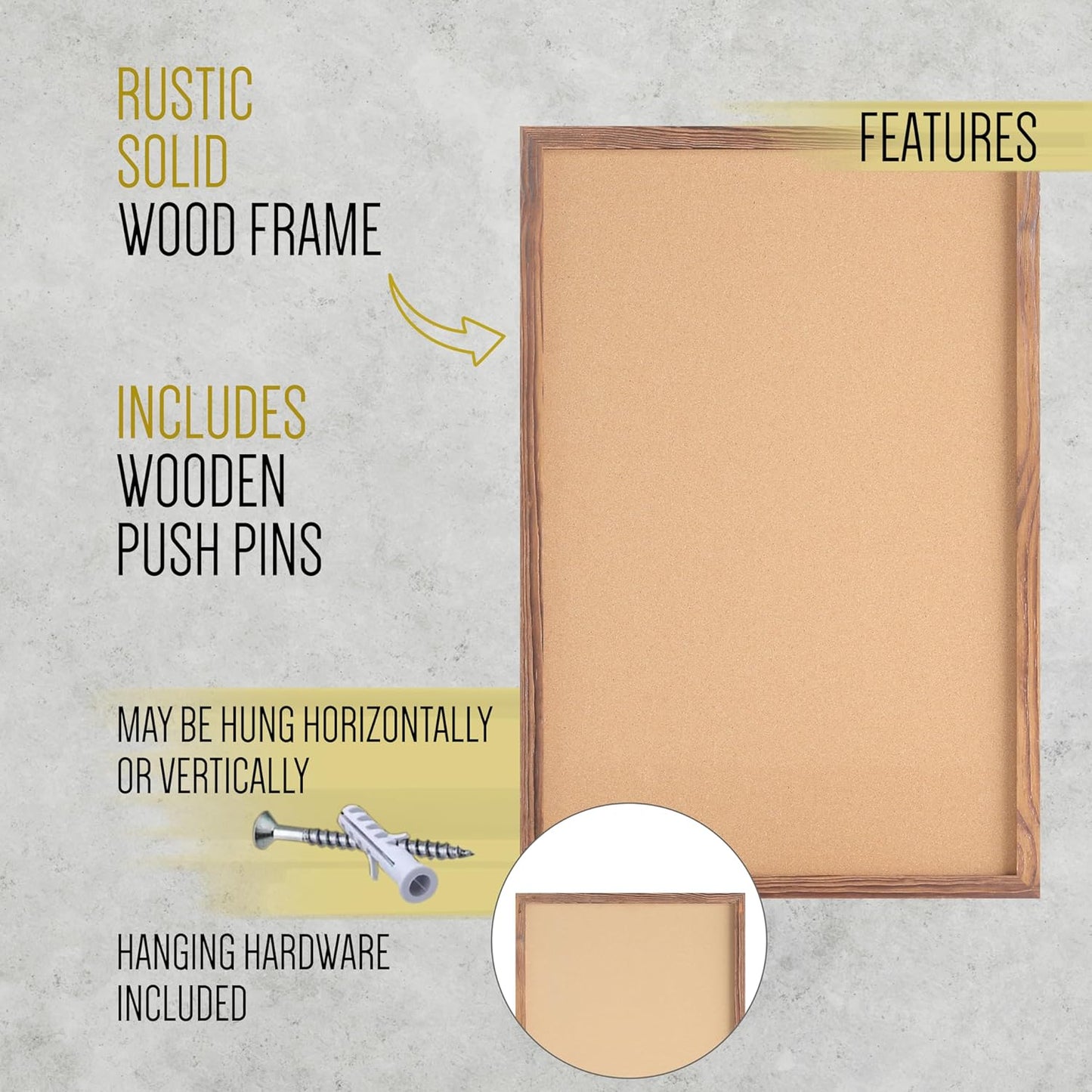 HBCY Creations Wall Mount Torched Wood Cork Board - 24" W x 36" H - 6 Wooden Push Pins - Solid Pine Wood Frame - for Kitchen, Classrooms, Restaurant Menus and More!