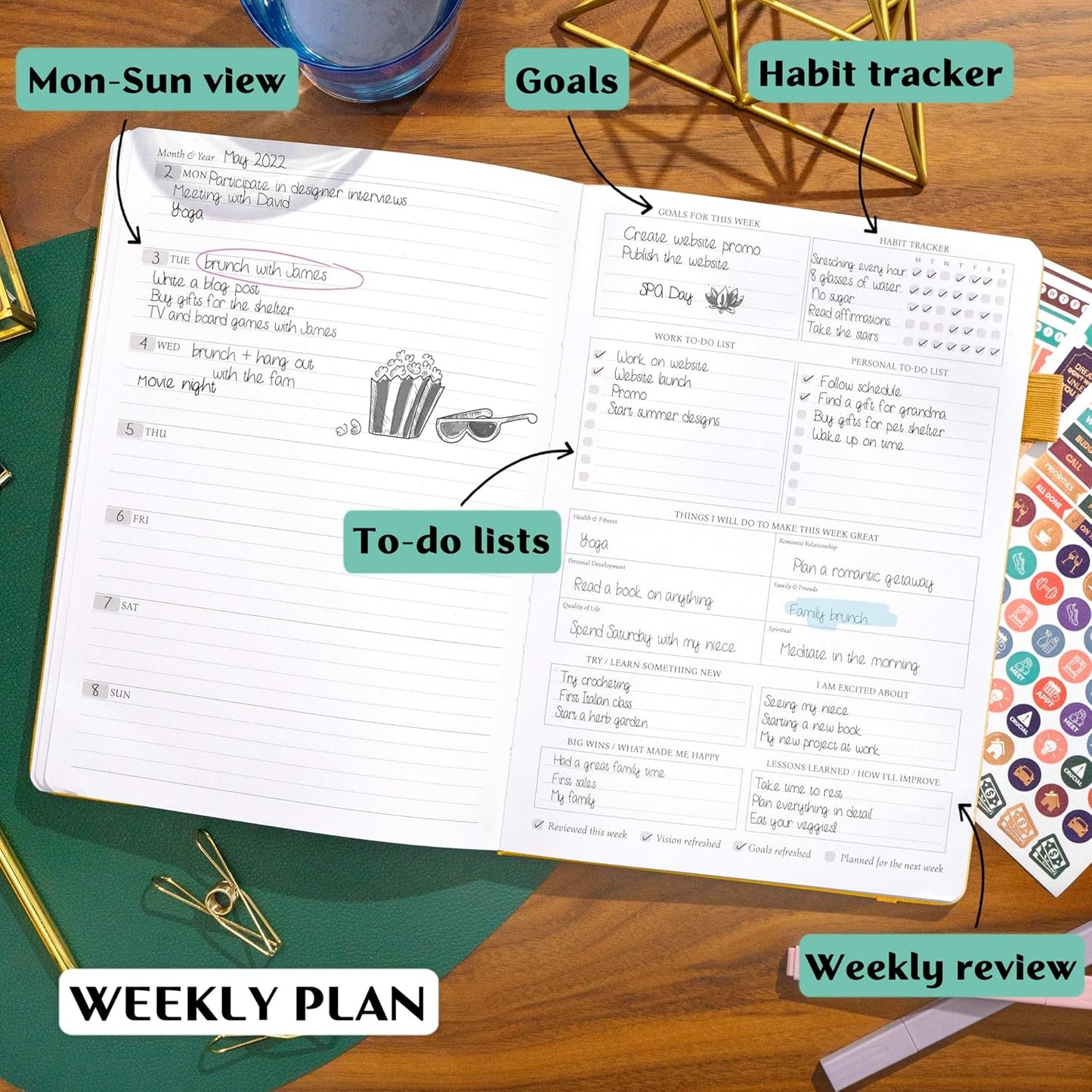 Legend Planner PRO – Deluxe Weekly & Monthly Life Planner to Increase Productivity and Hit Your Goals. Time Management Organizer Notebook – Undated – 7 x 10" Hardcover + Stickers – Amber Yellow
