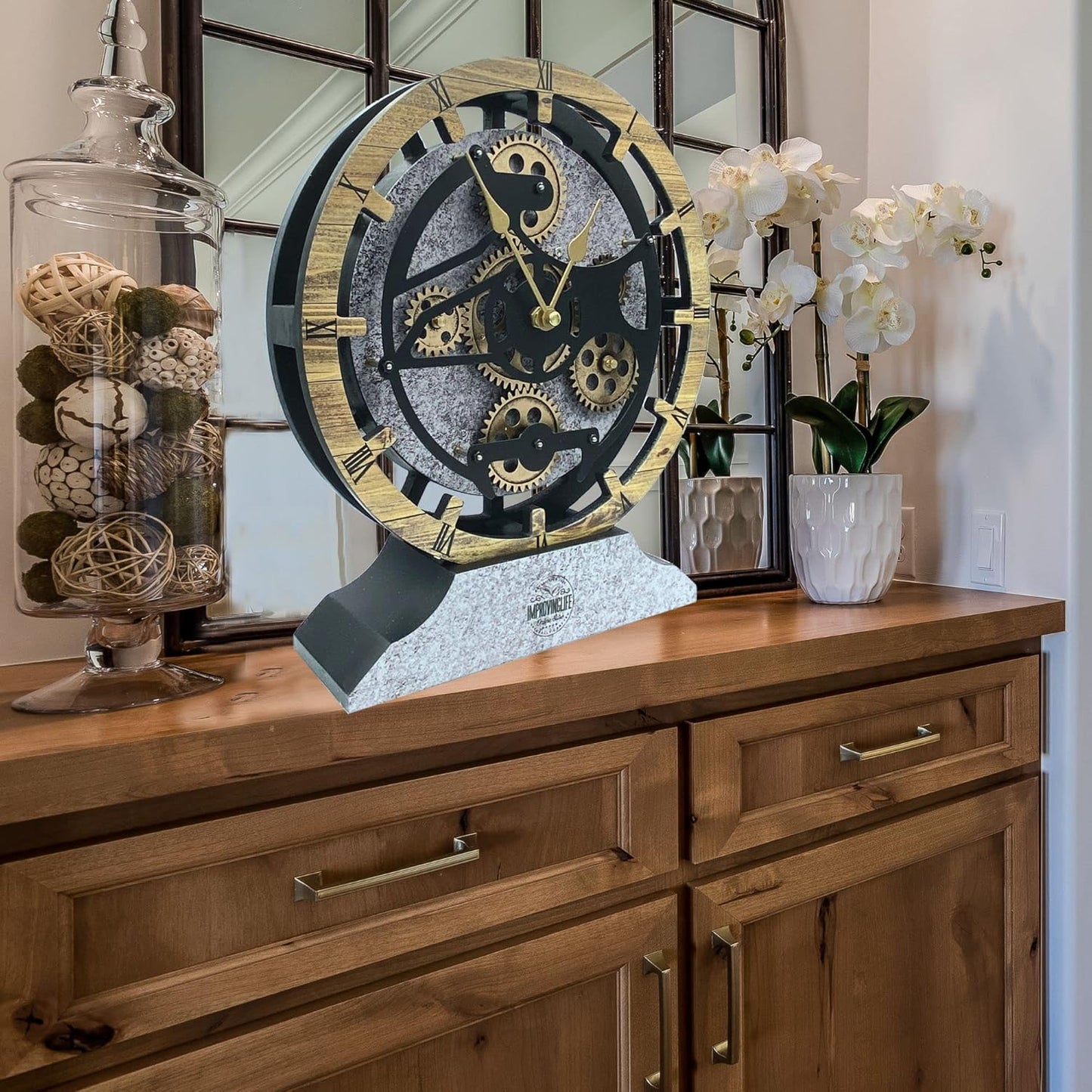 The Gears Clock 16 inches Wall Clock with Real Moving Gears Convertible into a Big Mantel Clock (Wood & Stone)