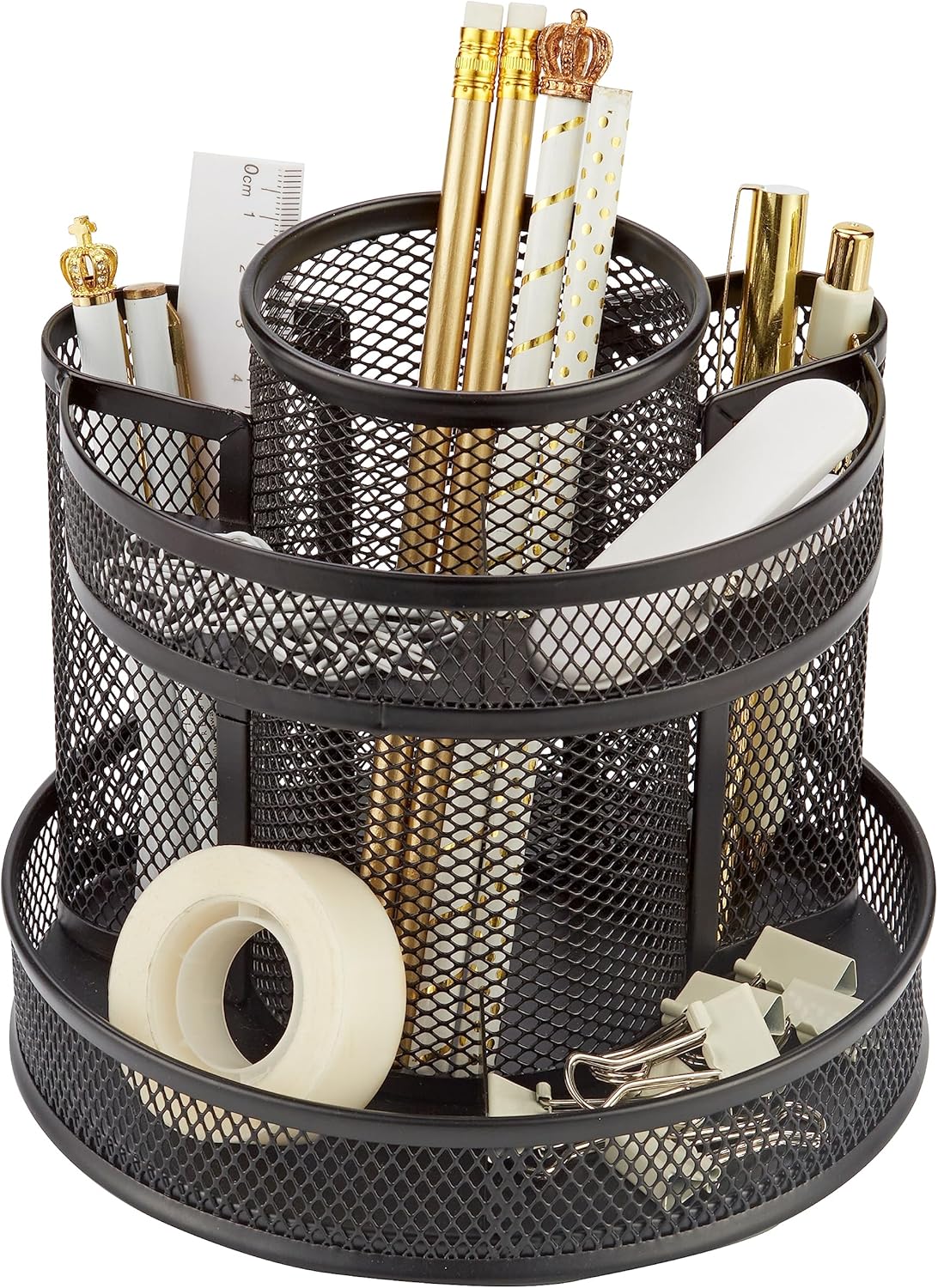 Annova Mesh Desk Organizer Rotate with 5 Compartments Round Spinning Tidy Candy/Pen Holder Desk Accessories Office, Art Supply, Storage, Classroom, Home (Black)