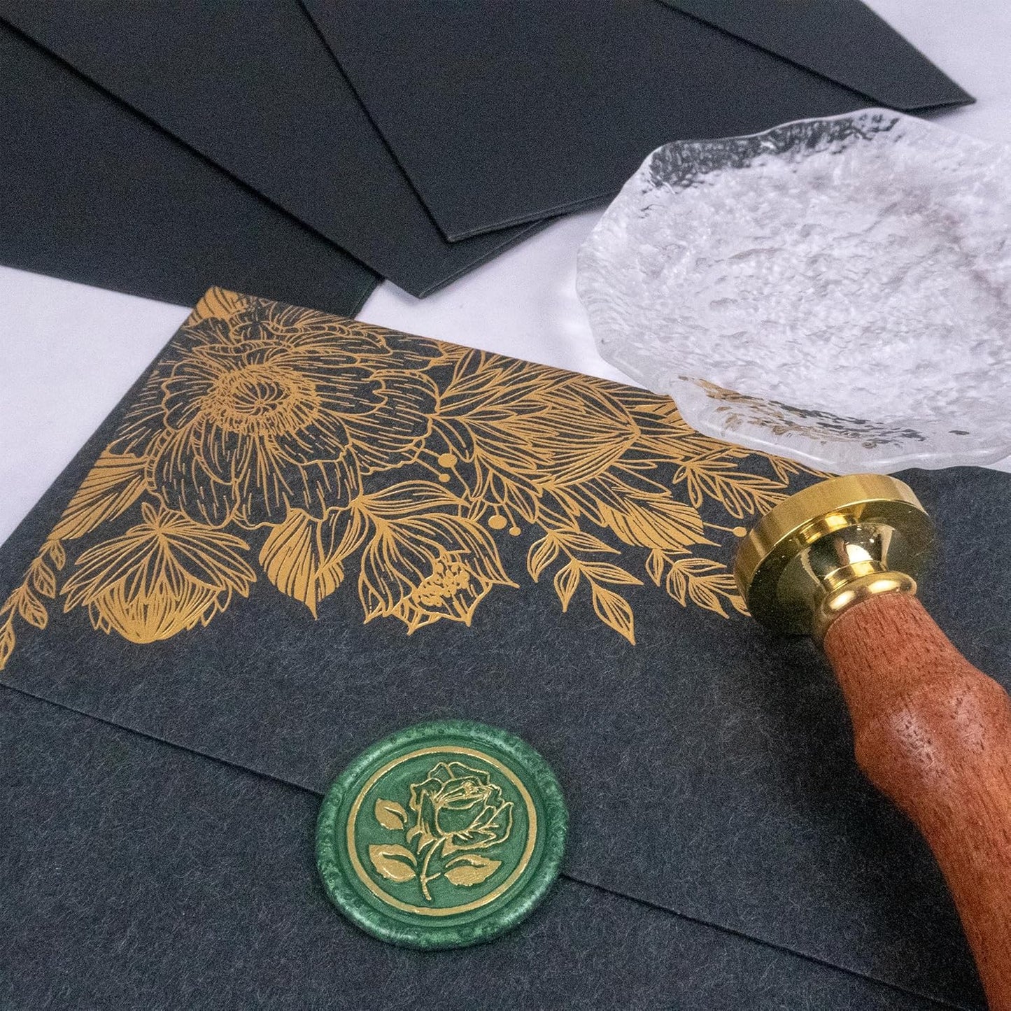 50Pcs Gold & Green Wax Seal Stickers - Handmade Envelope Seals, Self-Adhesive Wax Stickers for Wedding Party Invitations, Envelope, Gift Wrap, Christmas (Gold Rose Style, Green)