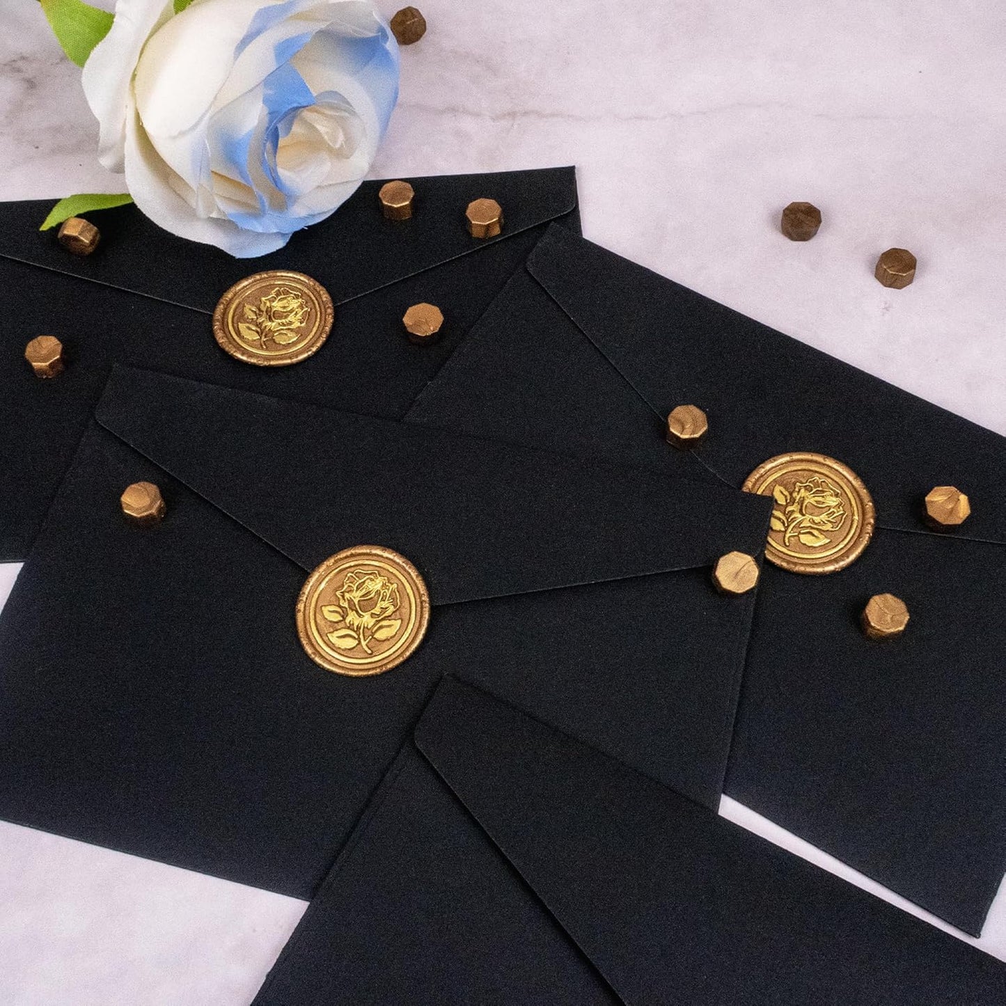 50Pcs Gold & Bronze Wax Seal Stickers - Handmade Envelope Seals, Self-Adhesive Wax Stickers for Wedding Party Invitations, Envelope, Gift Wrap, Christmas (Gold Rose Style, Bronze)