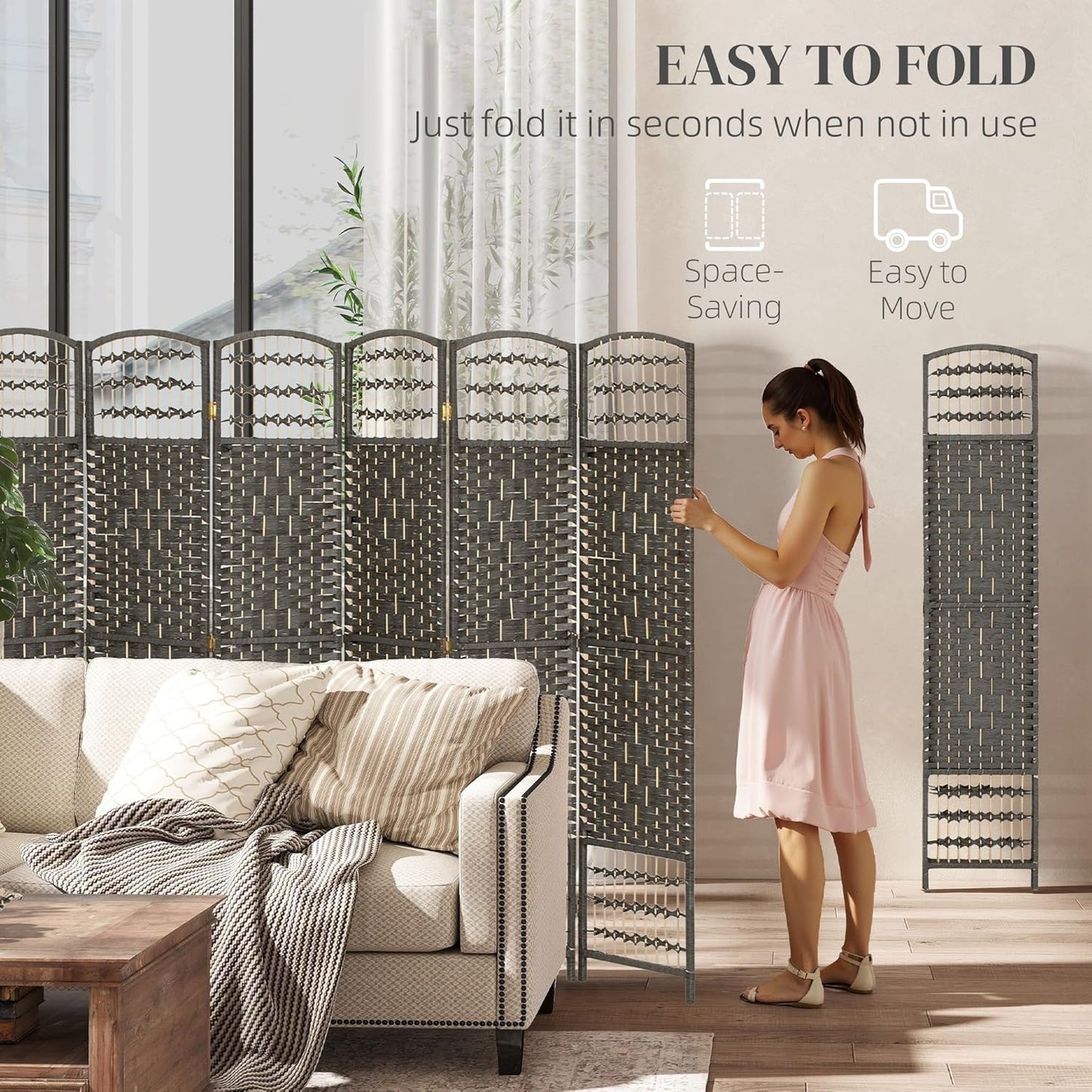 HOMCOM 6 Panel Room Divider, Folding Privacy Screen, 5.6' Room Separator, Wave Fiber Freestanding Partition Wall Divider, Dark Gray