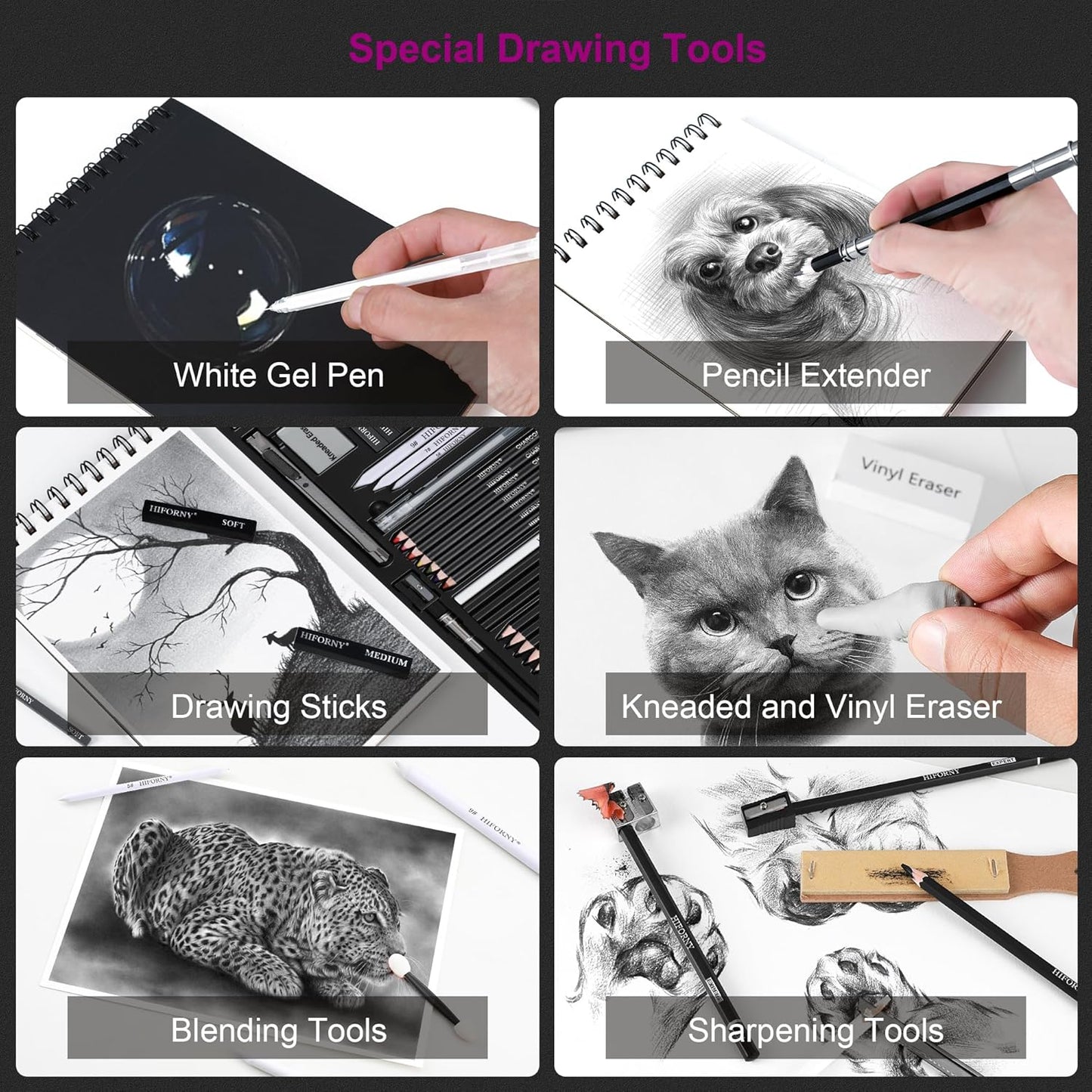 HIFORNY 46 PCS Sketching Drawing Pencil Set,Sketch Pencils Art Supplies with Colored Charcoal Pencils,Graphite,Charcoal,Blending Tools,Accessories,Drawing Kit for Adults Artists