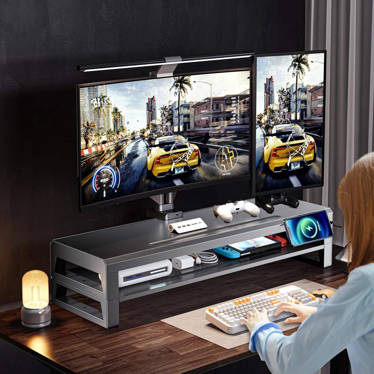 2-Tier Metal Computer monitor stand Laptop Desk Shelf & Monitor Riser ，27.55 inches long desk riser Monitors/PC/Laptop/Computer Space Saver Organizer (Basic Version, Two-layer 700mm)