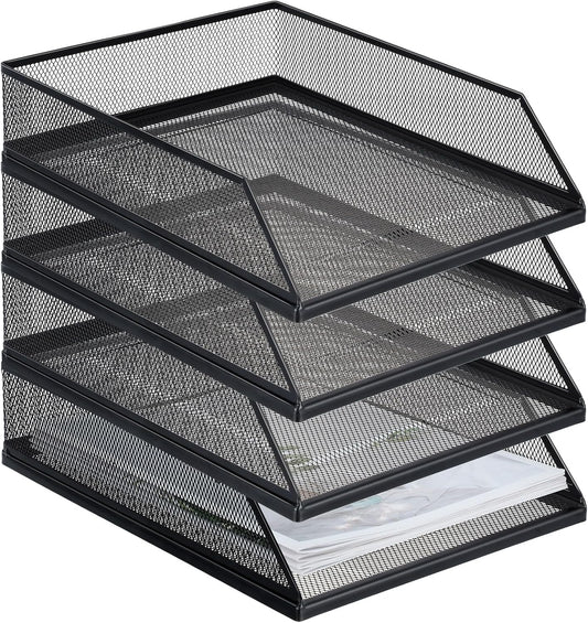Hicarer 4 Pcs Black Metal Letter Tray Stackable Desk Tray Single Wire Mesh Organizer Front Load File Paper Holder for Desktop Office Home School Classroom (12.8 x 9.84 Inch)