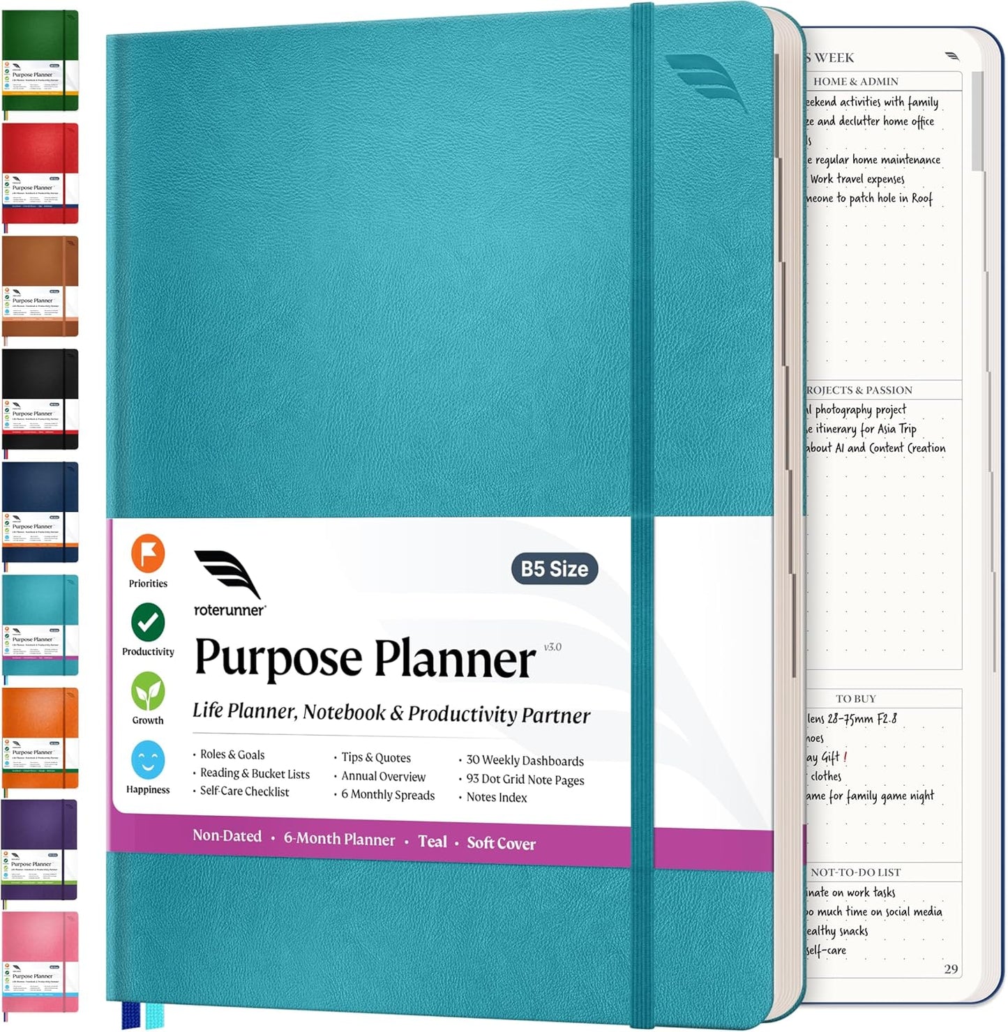 Roterunner Purpose Planner Notebook B5 7.5”x9.8” Undated Planner 2025 Daily Weekly and Monthly Productivity Goal Setting Tool for Work Home