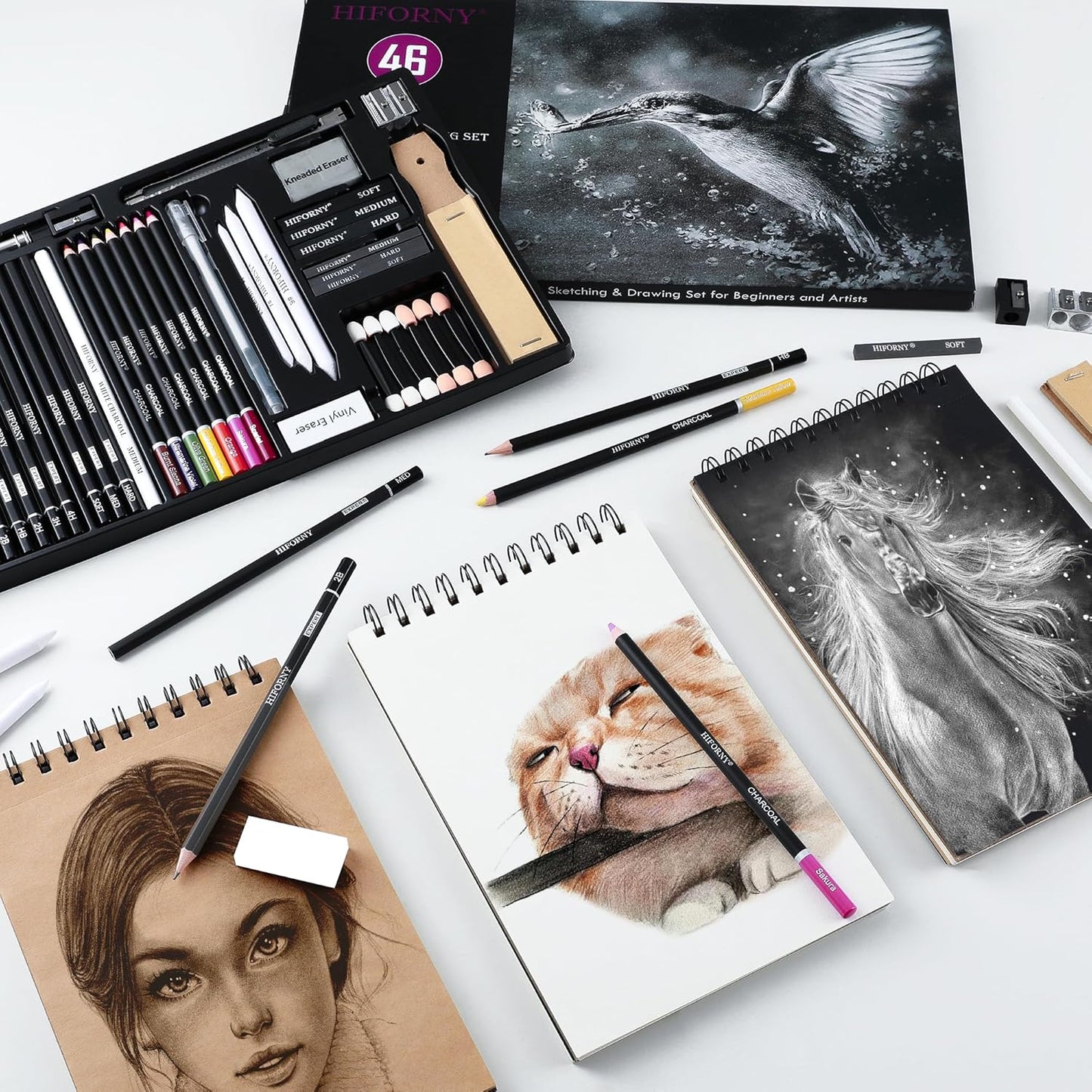 HIFORNY 46 PCS Sketching Drawing Pencil Set,Sketch Pencils Art Supplies with Colored Charcoal Pencils,Graphite,Charcoal,Blending Tools,Accessories,Drawing Kit for Adults Artists