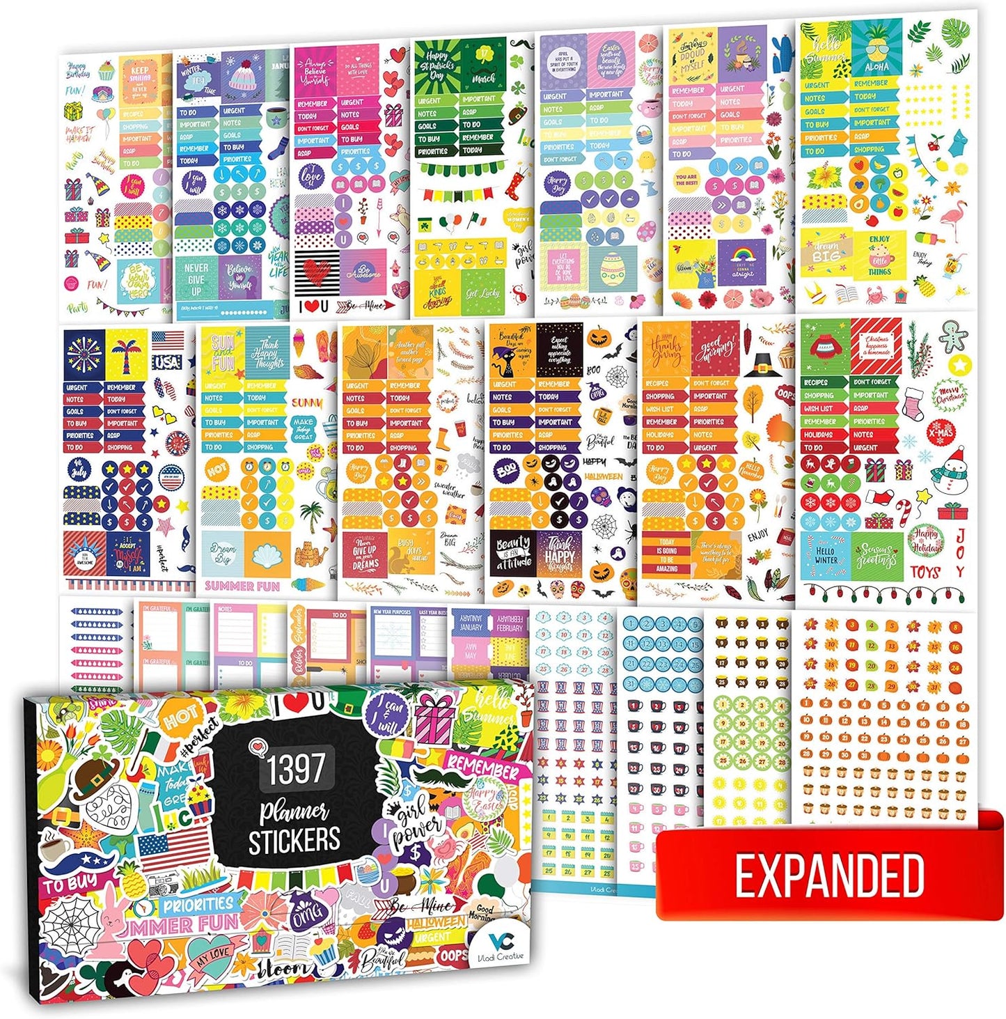 [Expanded] Vladi Creative Aesthetic Monthly Planner Stickers – 1397 pcs / 23 Sheets – Seasonal, Holiday, Productivity & Decorative Stickers for Women – Perfect for Calendars, Journals, & Scrapbooking