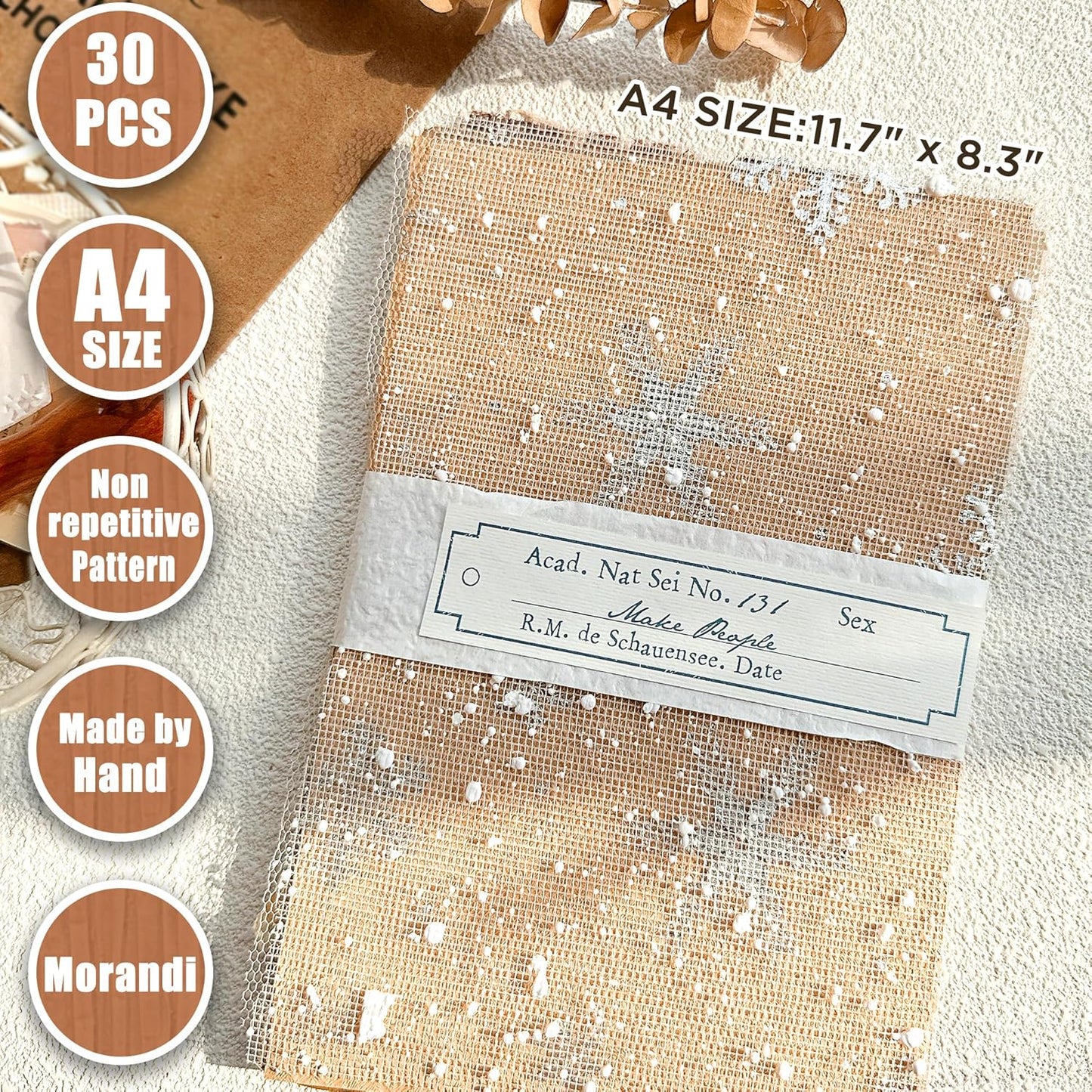 Aromoty 30 sheets A4 size Textured Scrapbook Paper&Mesh Fabric set - Large Handmade Craft Mulberry Special Paper Mix for Scrapbooking Junk Journal Supplies Card Materials Collage, 11.7x8.3 Inches