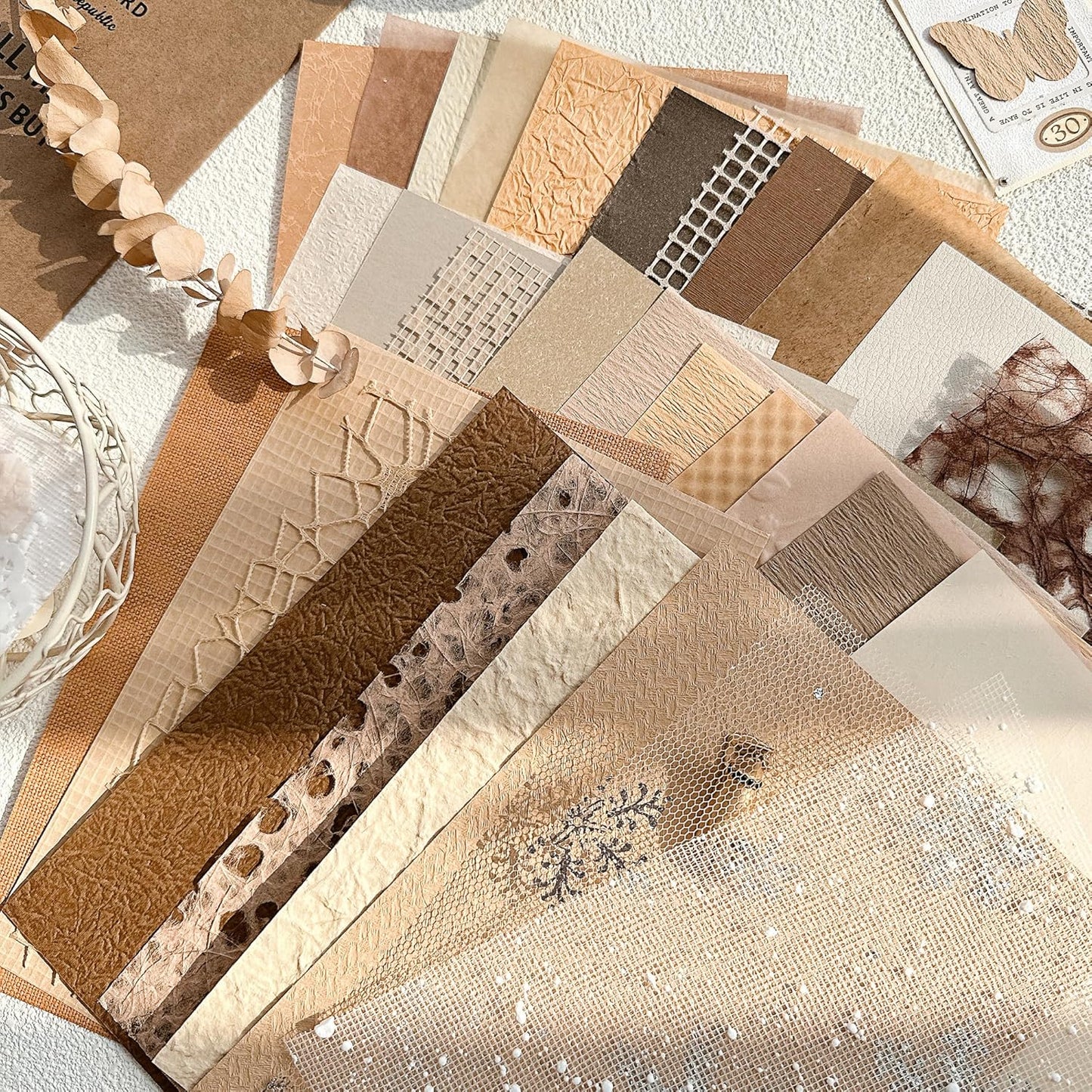 Aromoty 30 sheets A4 size Textured Scrapbook Paper&Mesh Fabric set - Large Handmade Craft Mulberry Special Paper Mix for Scrapbooking Junk Journal Supplies Card Materials Collage, 11.7x8.3 Inches